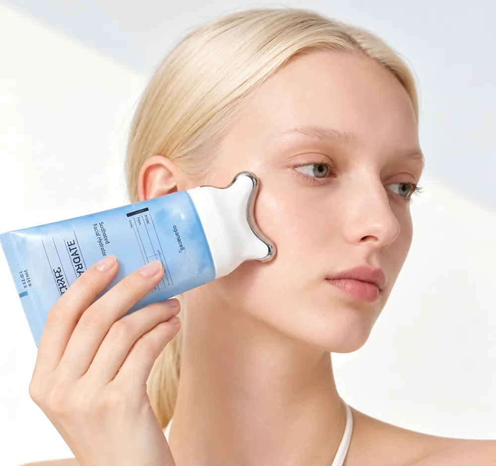 Glide the built-in gua sha applicator along the skin